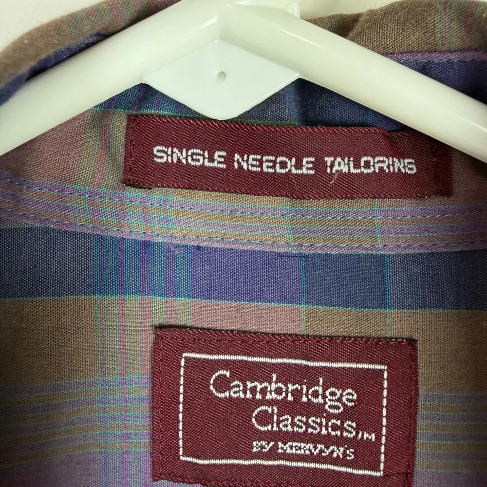 Cambridge Classics Men's Large Purple Brown Plaid Long Sleeve Button Down Shirt